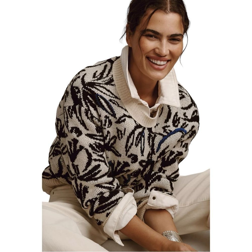 NEW By Anthropologie Floral Pop Embroidered Sweater small $128 Black white blue
